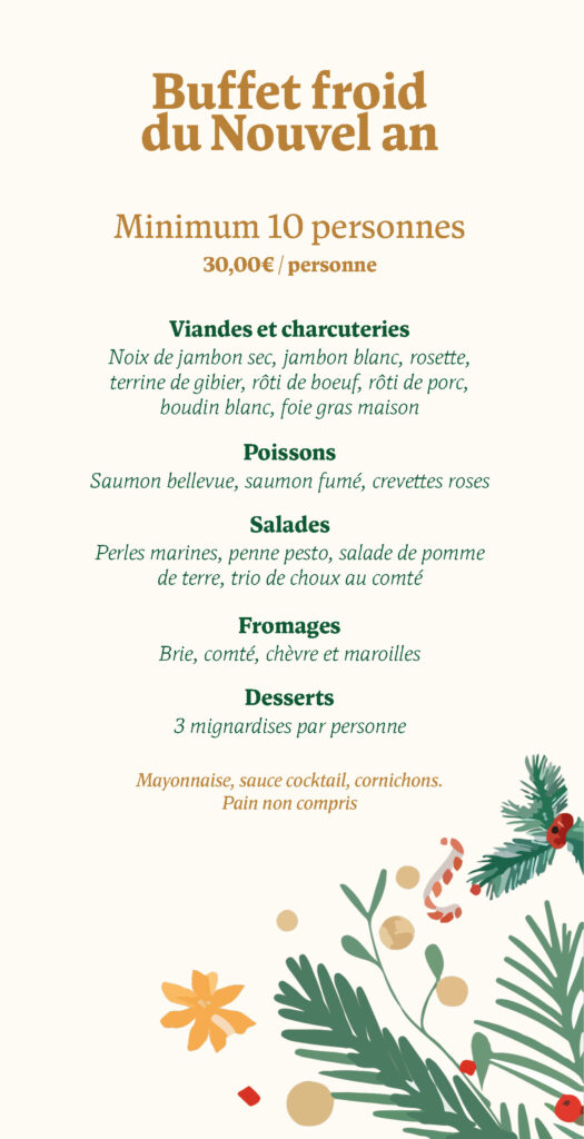 Buffet froid du Nouvel an, 30 euros par personne, minimum 10 personnes, et sa composition