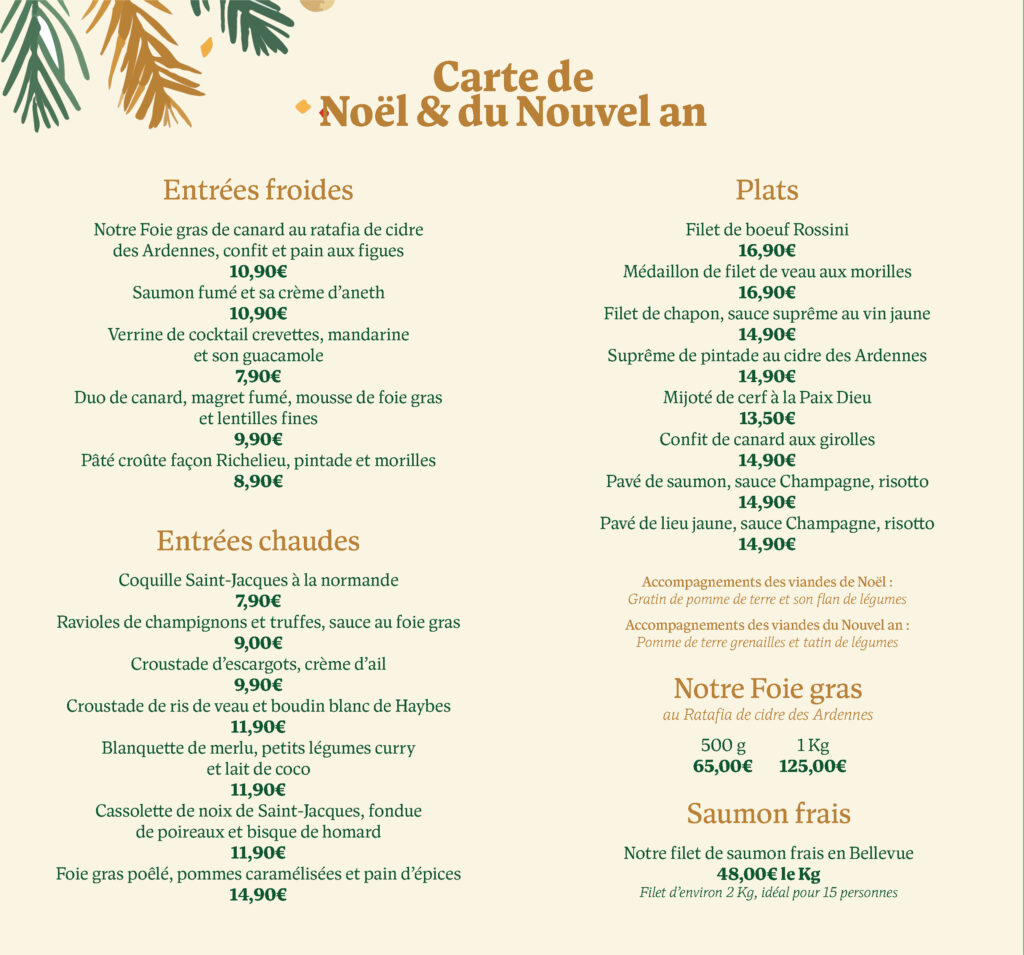 La carte de Noël et du Nouvel an : entrées froides, entrées chaudes, plats, foie gras et saumon frais, avec leurs prix